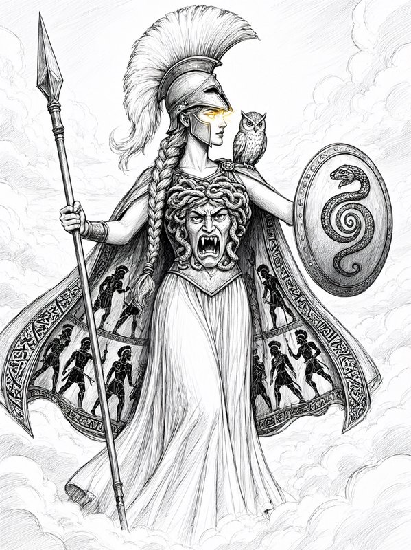 Monochrome pencil sketch of Greek goddess Athena holding a spear and shield, with an owl perched on her shoulder above
