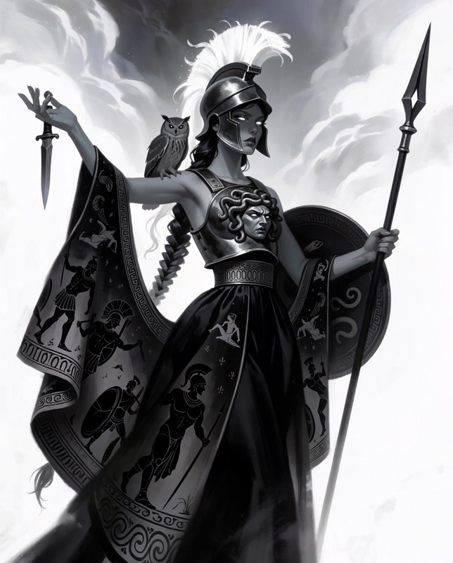 [Monochrome fantasy illustration of Athena, Greek war goddess, with owl, spear, plumed helmet, and patterned robe]