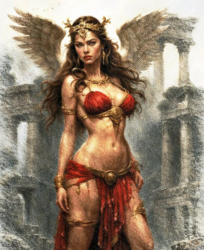 Winged mythological goddess in red and gold regalia stands before misty ancient stone temple ruins