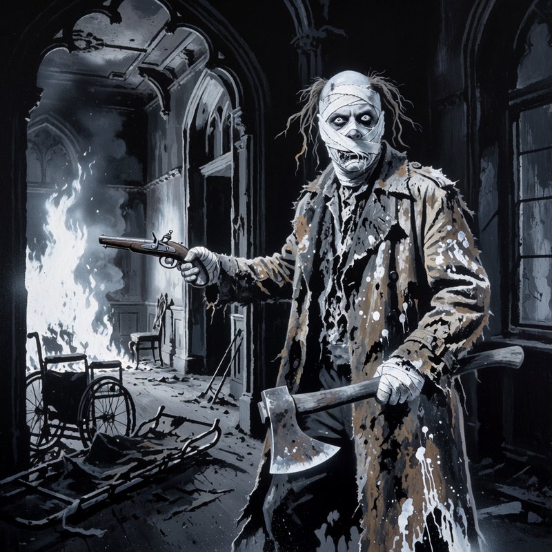 Menacing bandaged undead horror figure holding an axe and flintlock pistol in a burning crumbling gothic mansion interior.