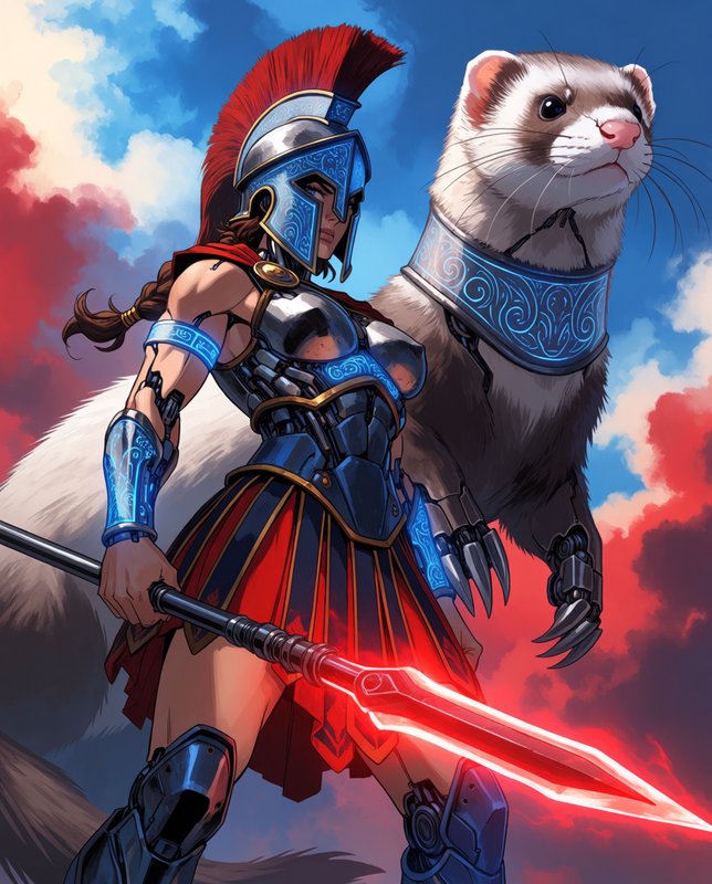 Cybernetic Spartan warrior with glowing red energy spear stands beside armored giant ferret companion against a