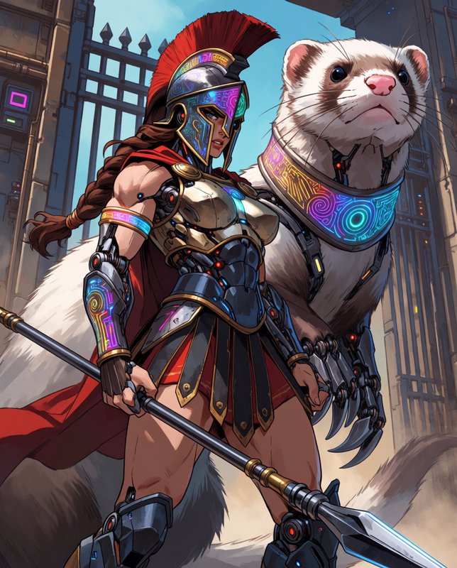 Cyberpunk Spartan warrior woman with a spear stands beside a giant cybernetic ferret outside a futuristic fortress gate.