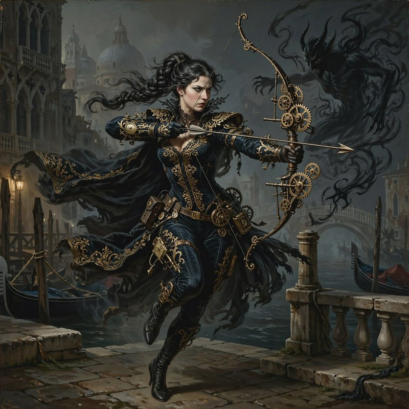 Steampunk female archer in ornate black and gold attire draws a gear bow, targeting a shadow demon on a foggy Venetian