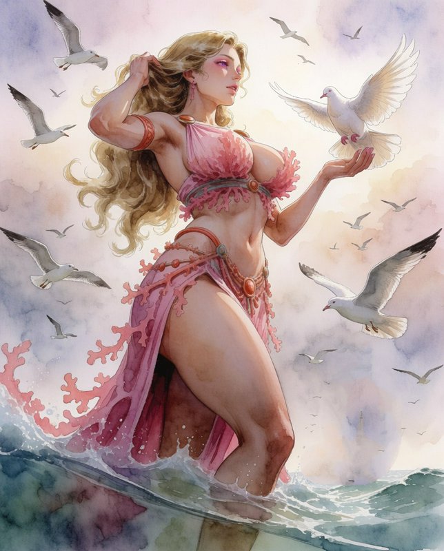 Watercolor illustration of blonde Greek goddess Aphrodite standing in ocean, holding a dove as seagulls fly around her.