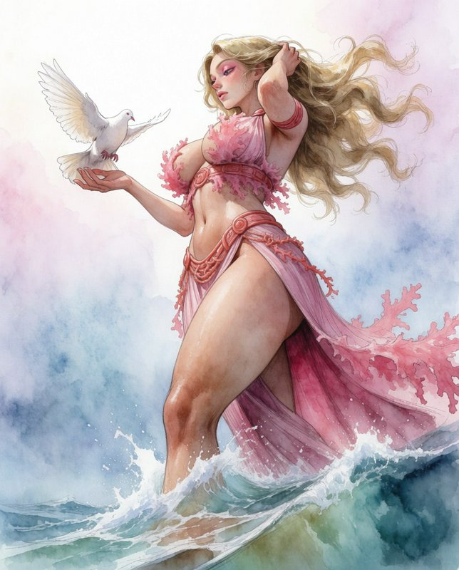 Watercolor illustration of Aphrodite, Greek love goddess, standing in ocean surf holding a hovering white dove.