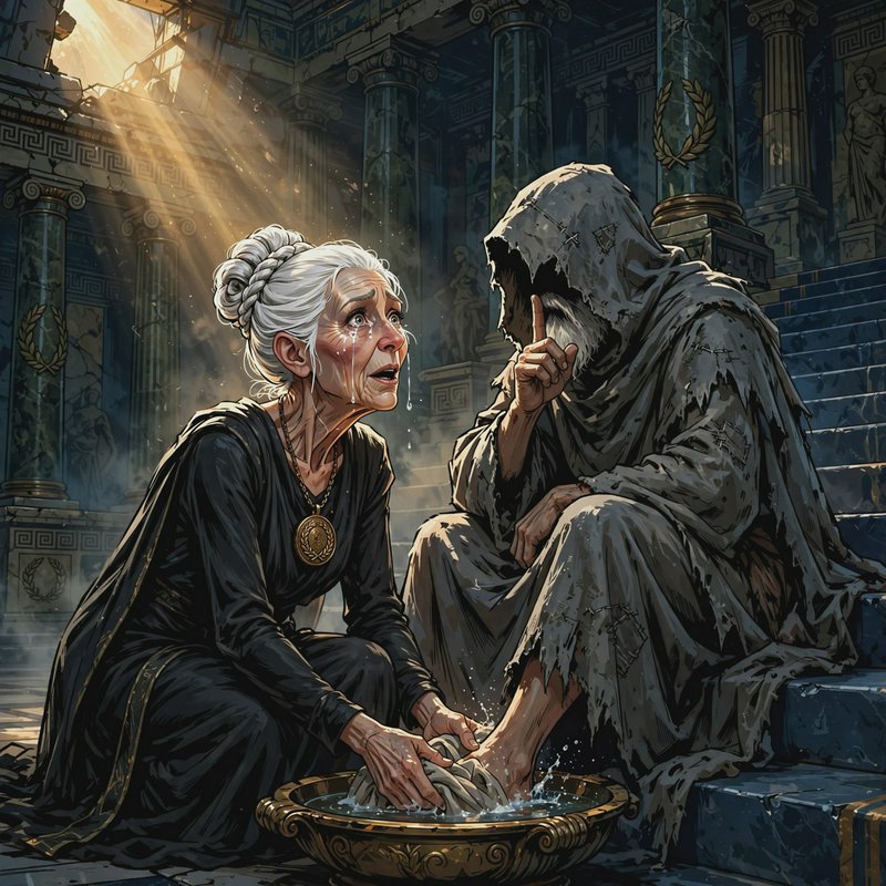 Tearful elderly woman washes a hooded stranger's feet inside a sunlit crumbling ancient Greek temple