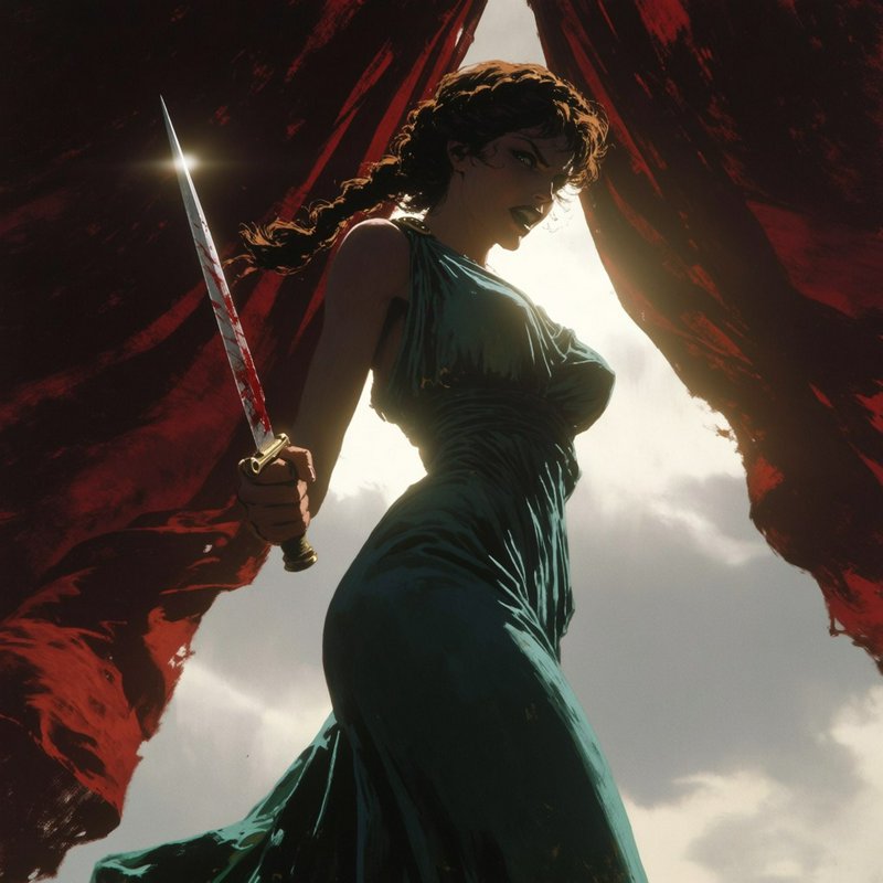 Fierce braided woman in a teal Grecian gown holds a bloodied glinting sword, framed by billowing red banners against an ov...