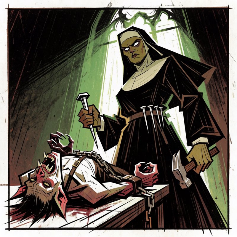 [Stylized horror illustration of a fierce monster-hunting nun preparing to stake a chained werewolf in a gothic church]