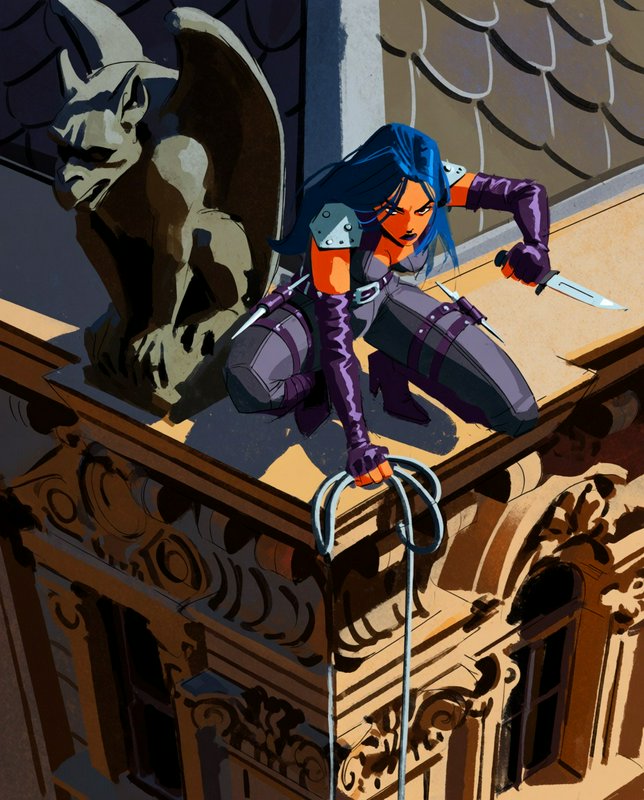 [Blue-haired female assassin crouches on a gothic rooftop ledge beside a stone gargoyle, holding a knife and grappling hook]