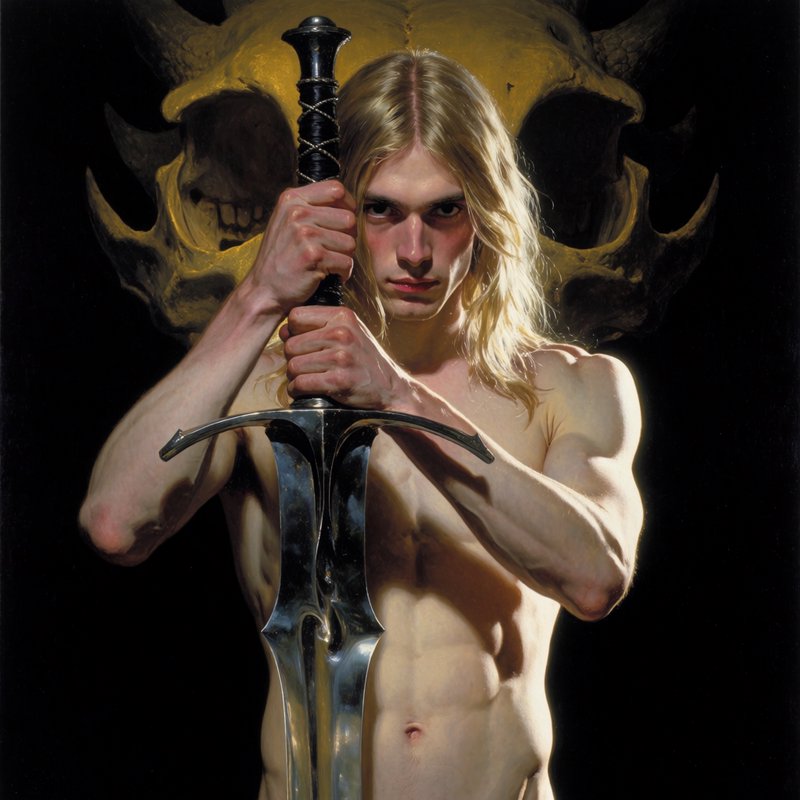 Shirtless long-haired blonde warrior grips an ornate steel greatsword, with a giant golden horned demon skull looming