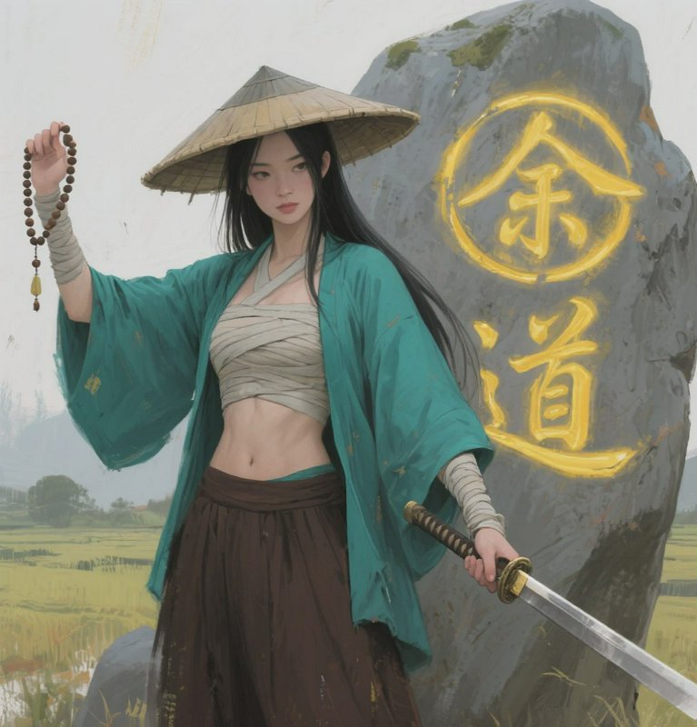 [Female samurai ronin in a straw hat holds a katana and prayer beads, standing beside a calligraphy-inscribed stone in a r...
