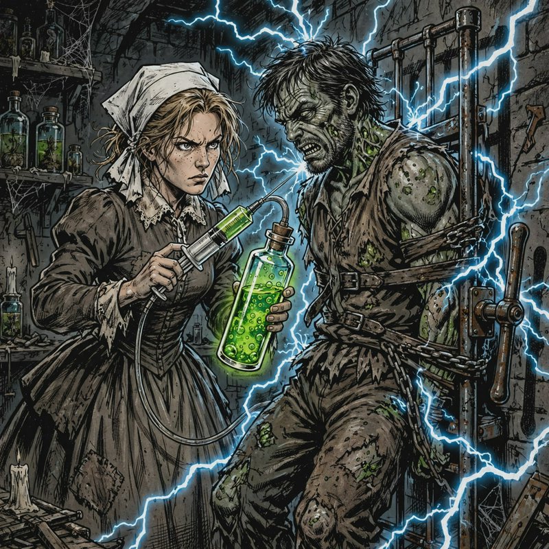 [Gothic lab scene: Victorian nurse injects restrained Frankenstein monster with glowing green serum as blue lightning crac...