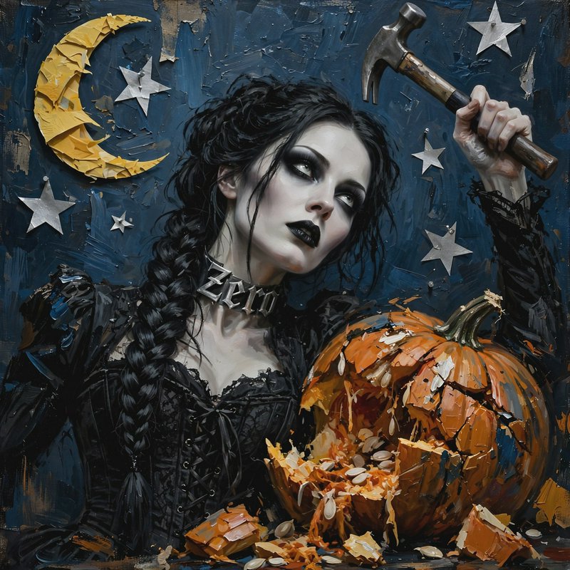 Impasto painting of a gothic woman holding a hammer over a smashed pumpkin, starry crescent moon night background