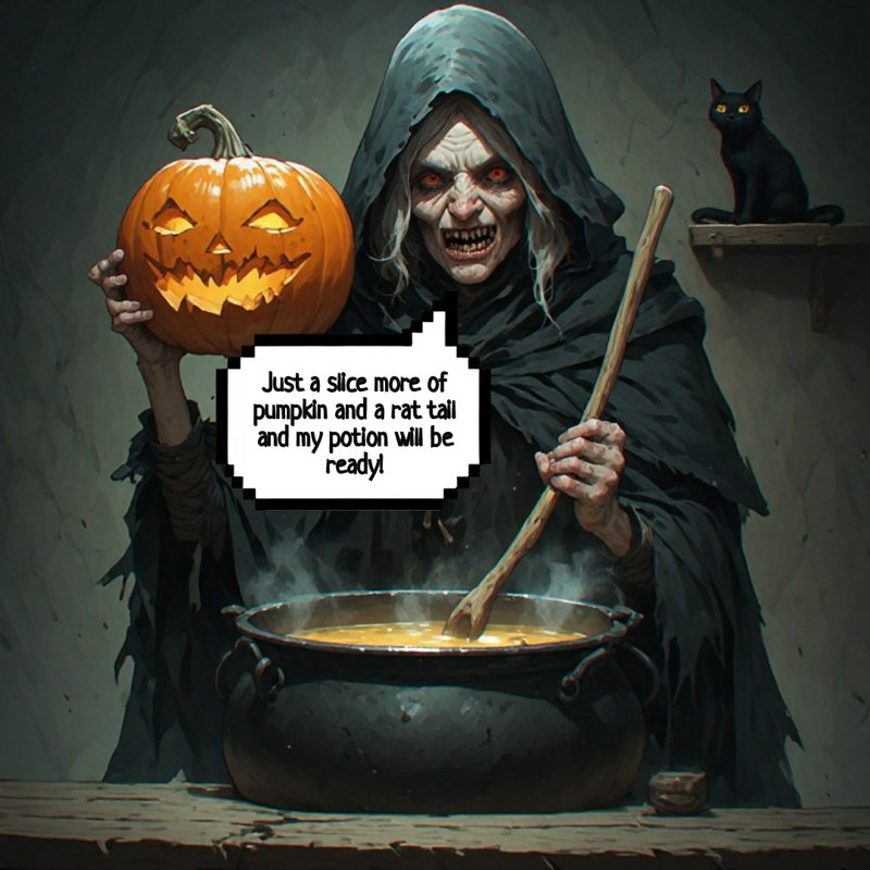 Creepy hooded Halloween witch holds a glowing jack-o-lantern while stirring a steaming potion cau...
