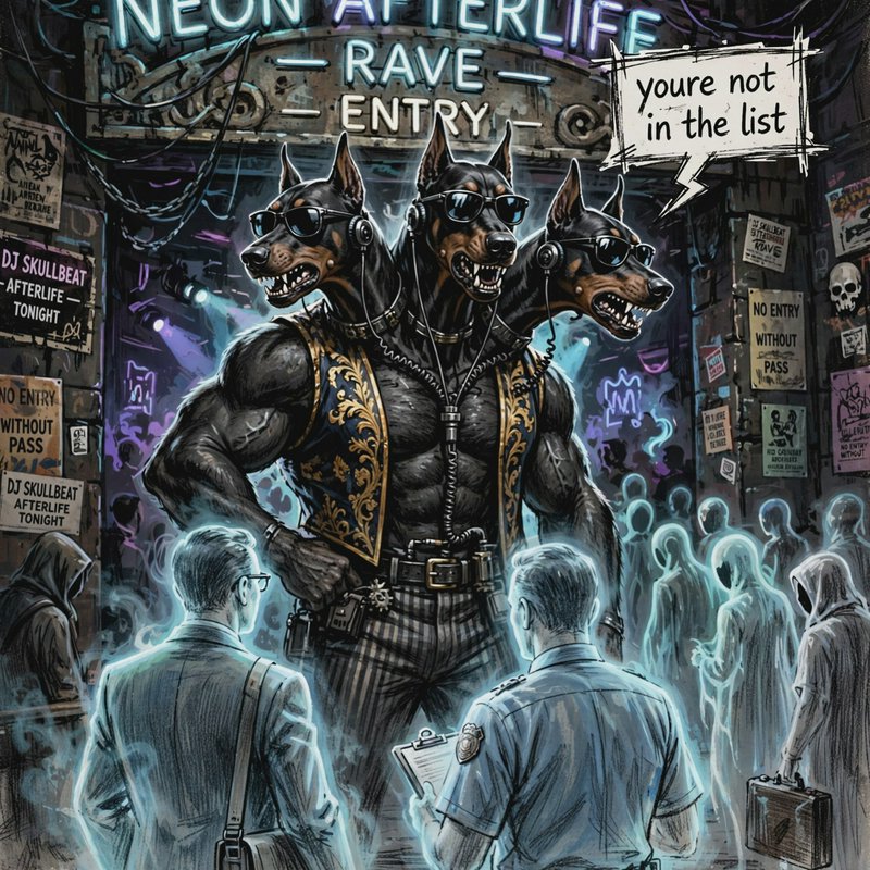 [Three-headed Cerberus bouncer turns away unlisted guests at the neon-lit Neon Afterlife Rave club entrance]