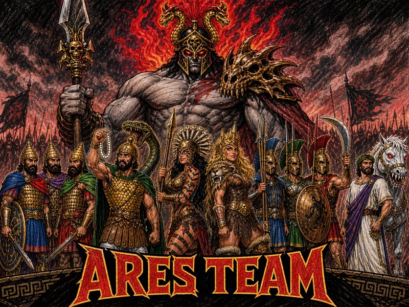 Dark fantasy illustration of Greek war god Ares leading a team of mythic warriors, with bold "ARE...