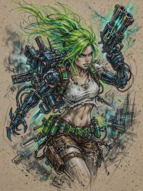 Fierce cyborg cyberpunk warrior woman with bright green hair, robotic arms, and futuristic weapon...