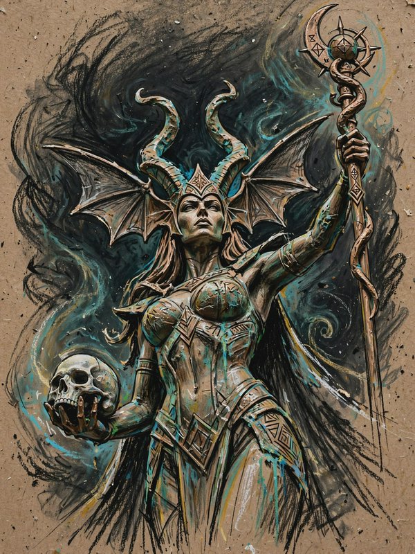 Dark fantasy illustration of a horned winged goddess holding a human skull and ornate rune staff,...