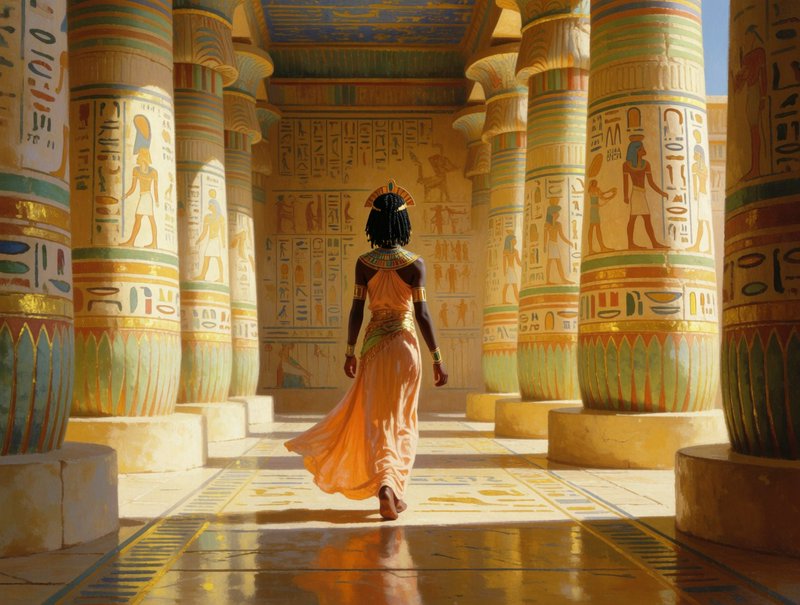 Back view of an ancient Egyptian queen walking through a sunlit temple hall lined with hieroglyph...