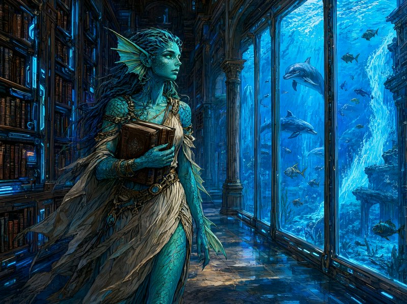 Turquoise scaled merfolk scholar holds old leather books in a grand underwater library, watching ...