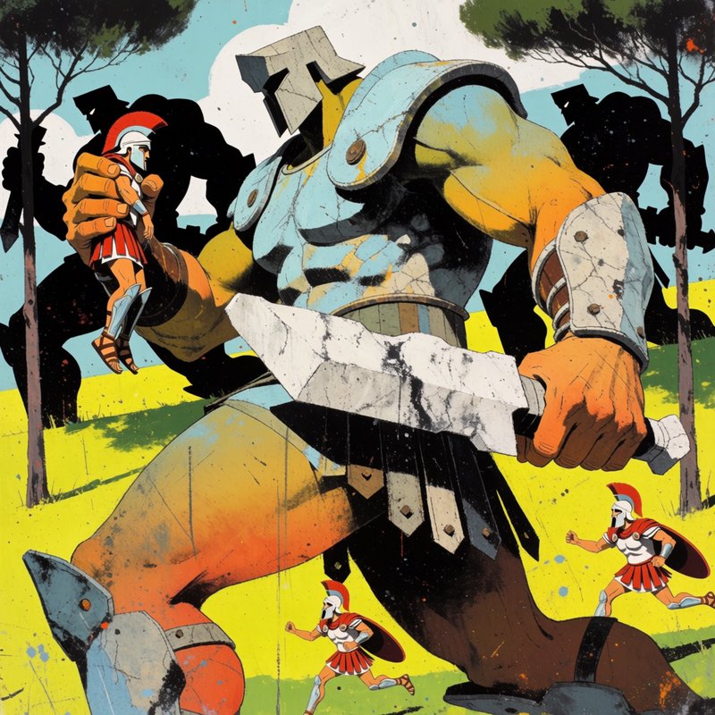 Comic style illustration of giant armored warrior holding a tiny Spartan soldier, as other hoplit...