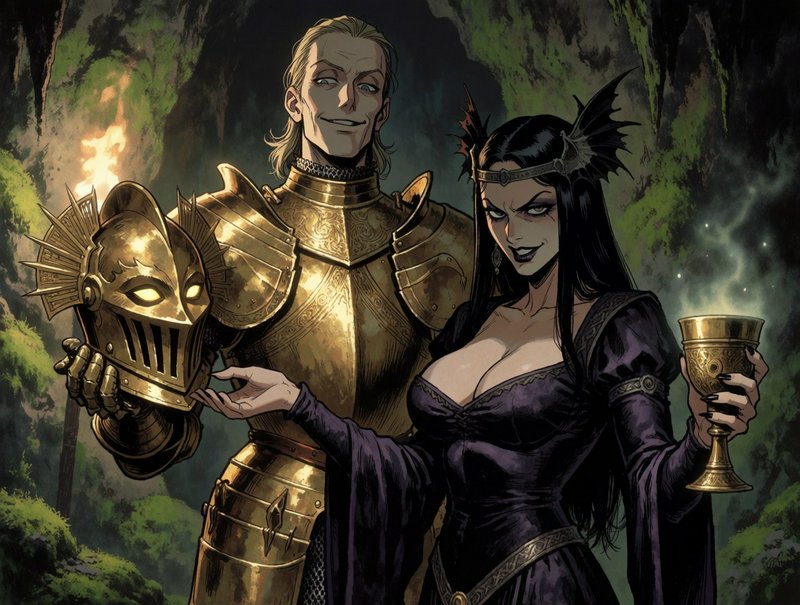 Smirking golden armored knight and dark fey queen hold a helmet and goblet in a mossy torchlit fa...