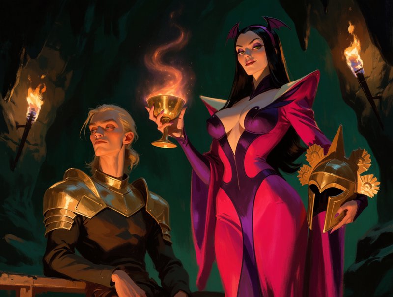 Stylized fantasy art of armored noble and bat-horned sorceress holding glowing goblet in torchlit cave