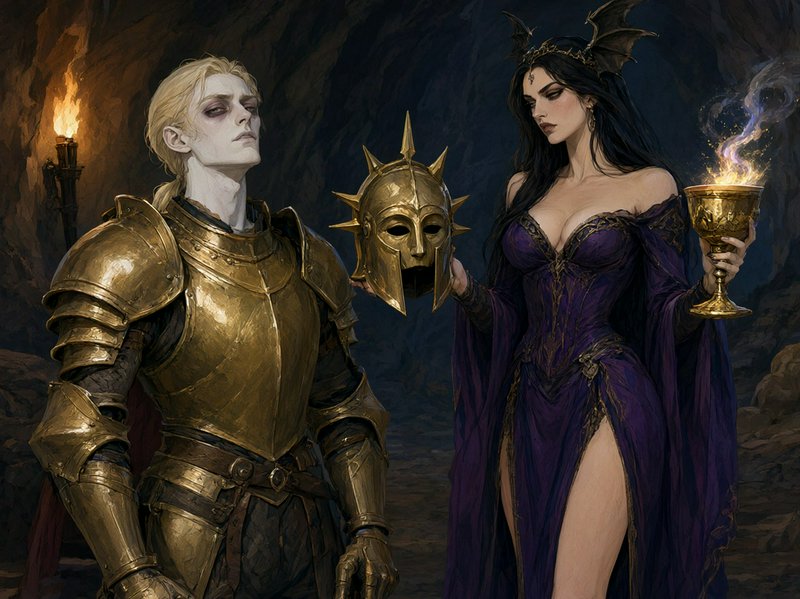 Dark fantasy illustration of pale golden-armored knight and horned sorceress holding glowing chal...