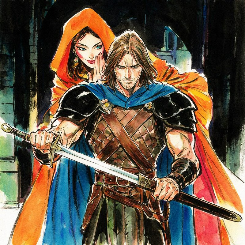 Expressive watercolor fantasy art: armored swordsman draws his sword as a hooded woman whispers t...