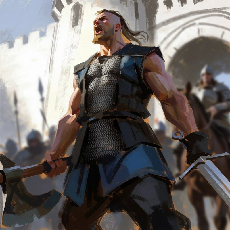 Fierce shouting viking warrior holds a battle axe and longsword, standing before a sunlit castle ...