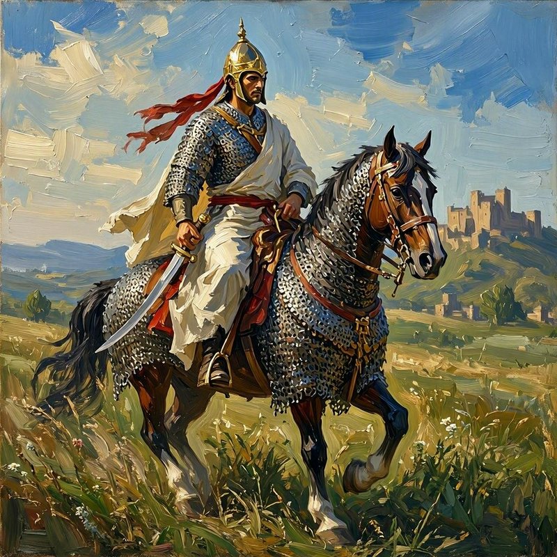 Impressionist impasto oil painting of an armored medieval knight riding a chainmail-clad war hors...