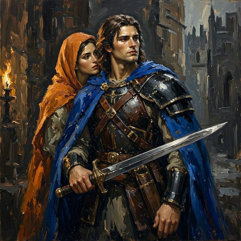 Impressionist oil painting of an armored medieval knight holding a sword, standing protectively w...