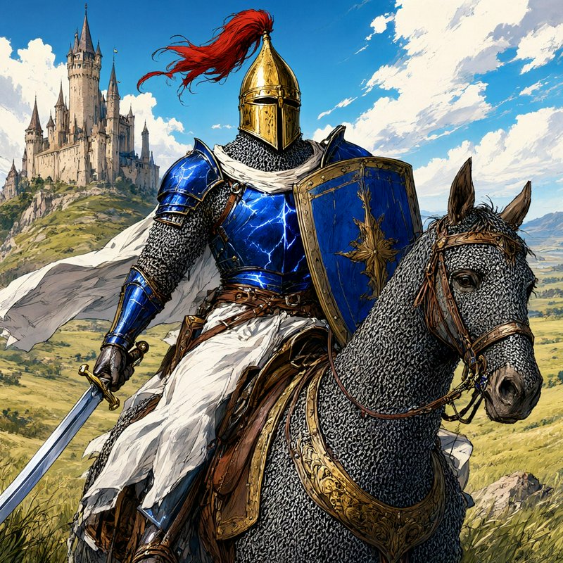 Mounted medieval knight in blue armor with gilded red-plumed helmet rides a chainmail warhorse, h...
