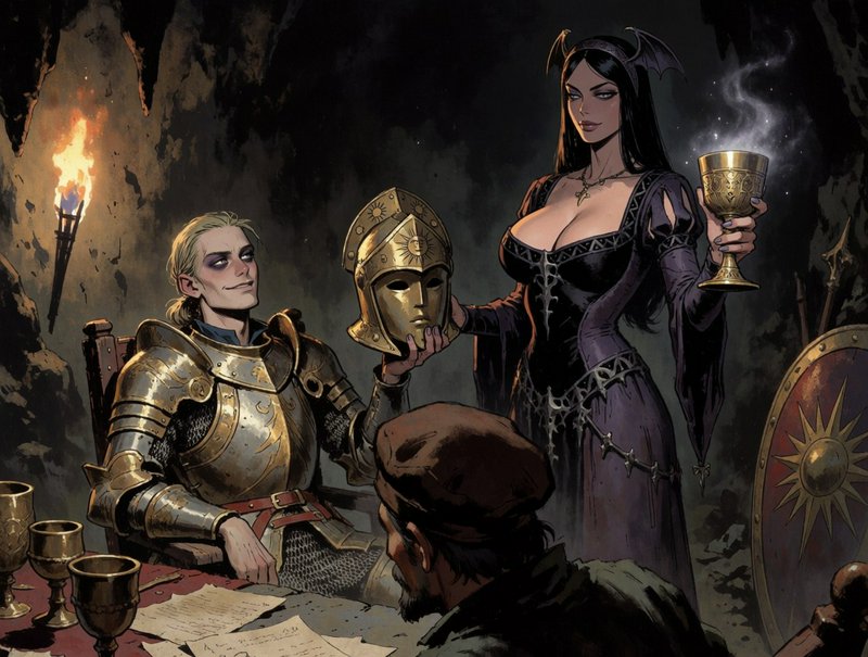Dark fantasy illustration: Armored knight and bat-crowned sorceress hold a golden helm and enchan...