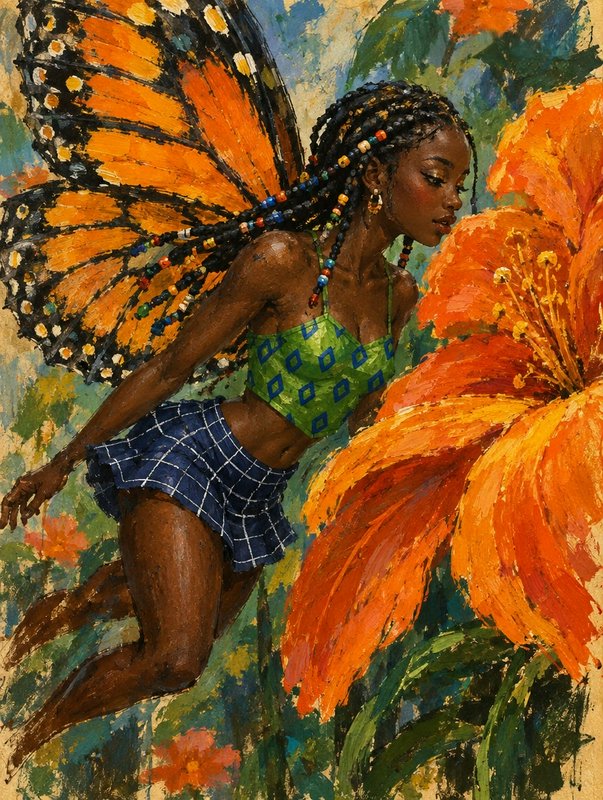 Impressionist impasto painting of a Black fairy with monarch butterfly wings leaning close to a g...