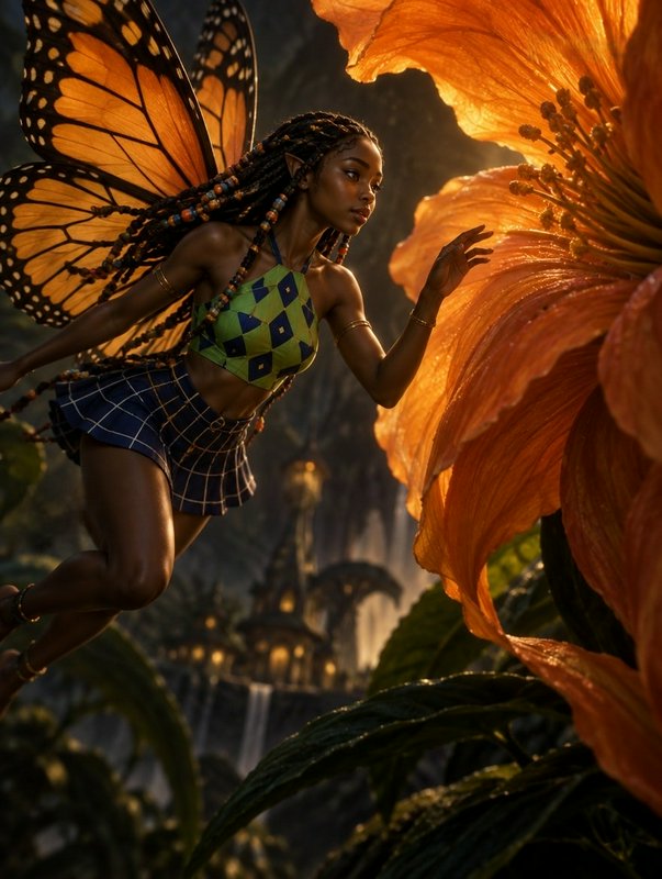 Black fairy with monarch butterfly wings reaches toward a giant glowing orange flower in an encha...