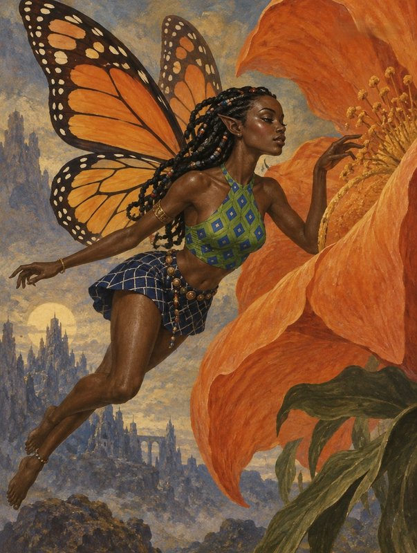 Black fairy with monarch butterfly wings hovers beside a giant orange flower, fantasy cliff castl...