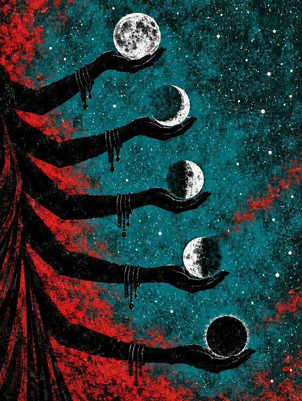 Multi-armed celestial goddess holds sequential moon phases against a textured starry cosmic night...