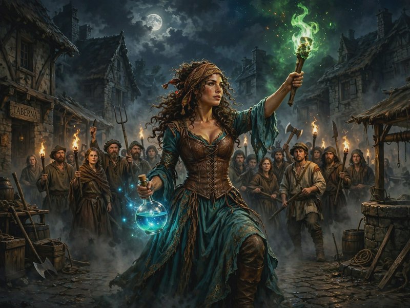 Fantasy witch holds glowing potion and green magic torch before a torch-wielding mob in a moonlit...