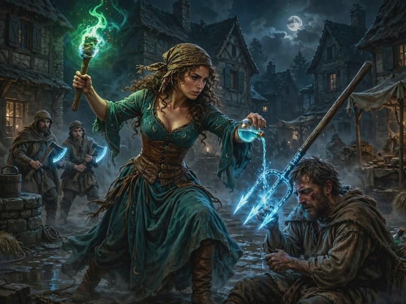 Hedgewitch holds a glowing green magic torch while pouring potion onto an enchanted trident in a ...