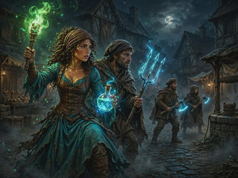 Fantasy adventurer group holding glowing magical gear stands alert in a moonlit medieval village ...