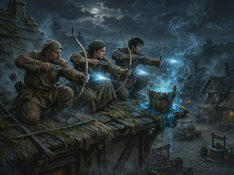 Three medieval archers kneel on a thatched village rooftop aiming glowing enchanted arrows under ...