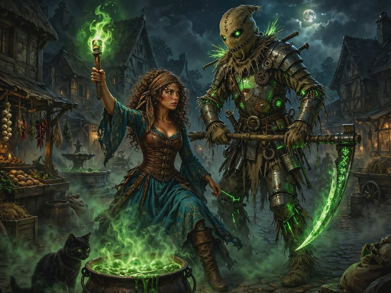 Female spellcaster holds glowing green torch beside armored scarecrow guardian, black cat familia...