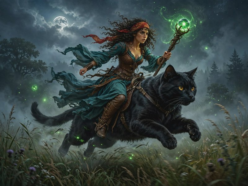 Fantasy forest witch riding a giant black cat holding a glowing magic staff across a moonlit mist...