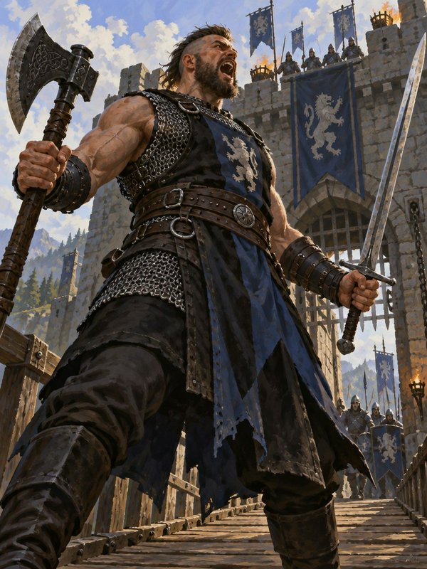 Low angle shot of shouting bearded medieval warrior holding axe and sword, standing on castle dra...