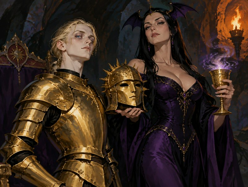Dark fantasy royal couple: gilded armored knight stands beside horned sorceress holding golden he...