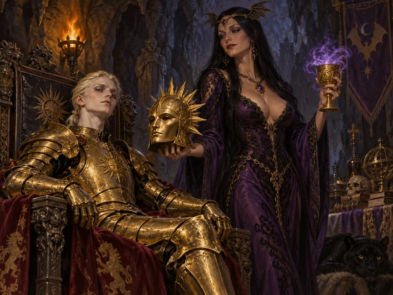 Dark fantasy scene: gilded armored king on throne, sorceress holding magic goblet and spiked helm...