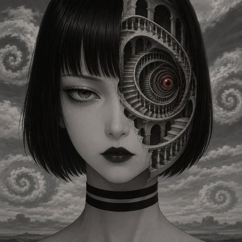 Surreal portrait of a woman where half her face opens to a spiral staircase with a central red ey...