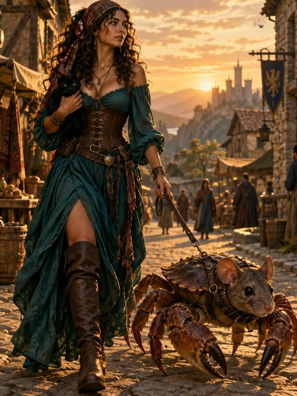 Fantasy medieval woman holds a black cat while walking a crab-rat hybrid pet through a sunlit sun...