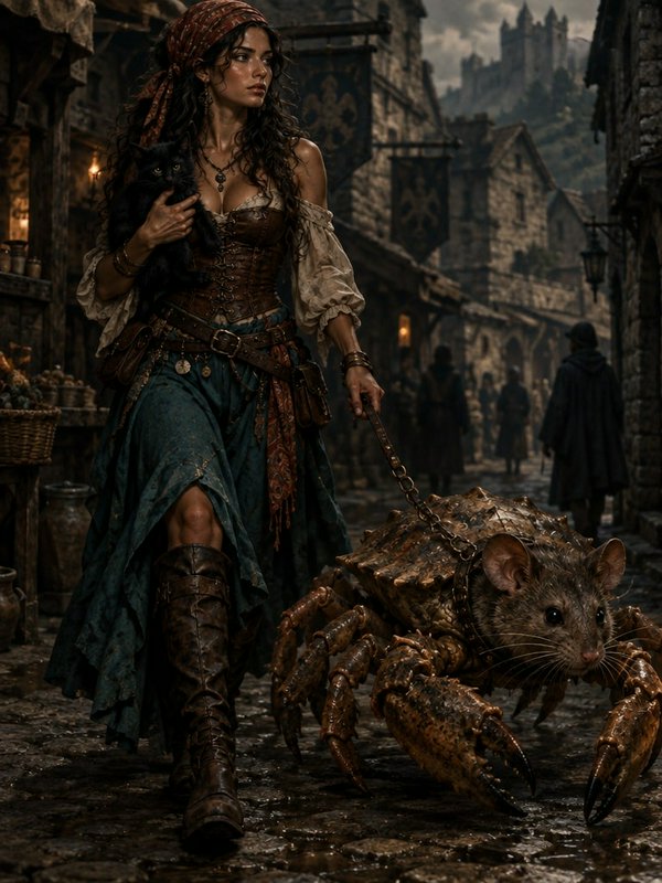 Fantasy wanderer holds a black cat while leading a giant rat-crab hybrid down a rainy medieval co...